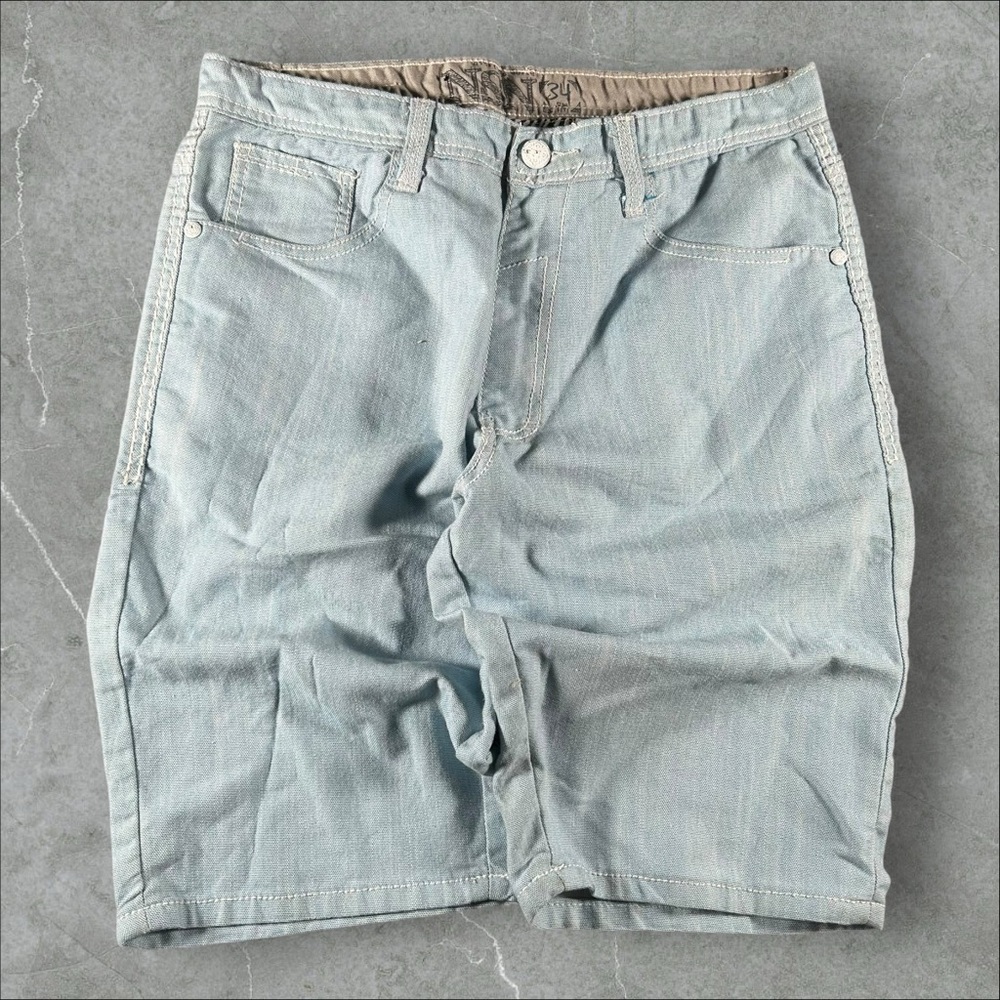 NSN Jorts Men 34 Light Blue Y2K Baggy Grunge Skater Hip Hop Wide Leg Embroidered